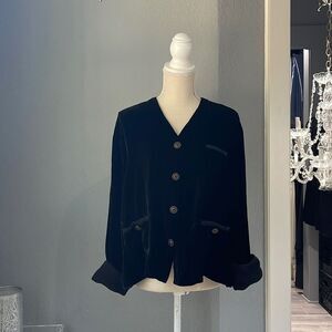 Vintage Paul Reid silk and velvet black jacket w/gold buttons w/soft black trim